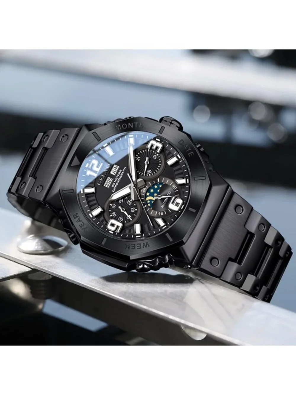 Men's Black & White Automatic Mechanical Multi-Function Chronograph Luxury Watch